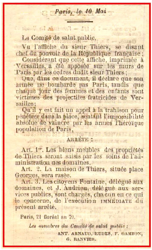 JO  du 10 mai 1871 - Décret sur la démolition de la maison de Thiers (Source : archivesautonomies.org)