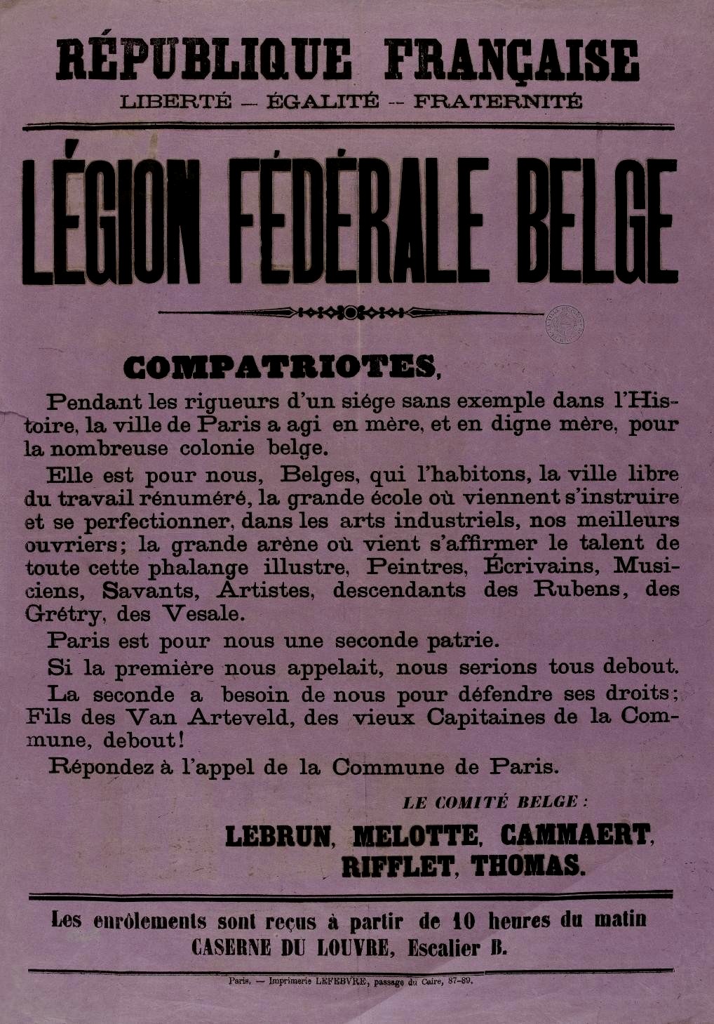 Affiche de la Commune de Paris avril 1871 - Appel du comité de la Légion Fédérale Belge (Source : argonnaute.parisnanterre.fr)
