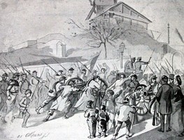 Les gardes nationaux du Comité Central remontant à leur parc, les canons de Montmartre le 18 mars 1871. Des enfants y participent. 