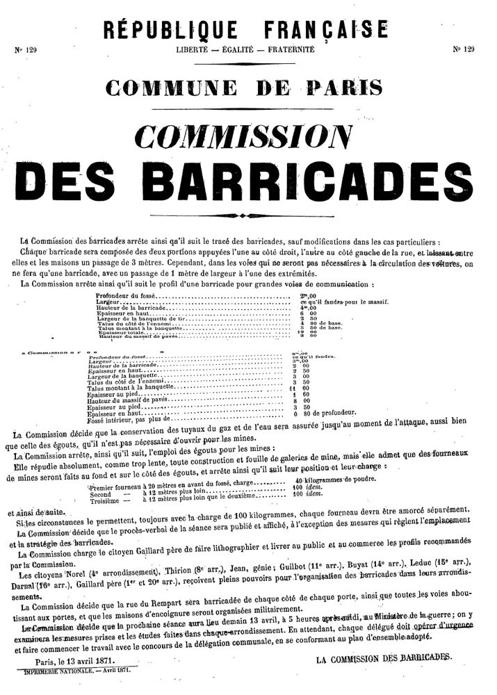 Affiche de la Commune n° 129 de la commission des barricades