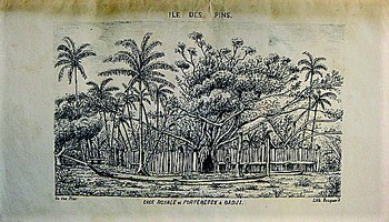 Jules Patey, Île des Pins. Case royale et forteresse à Gadji (lithographie, 1877) Musée d’art et d’histoire – Saint-Denis. Cliché : Sdc Jules Patey, Île des Pins. Case royale et forteresse à Gadji (lithographie, 1877) Musée d’art et d’histoire – Saint-Denis. Cliché : Sdc