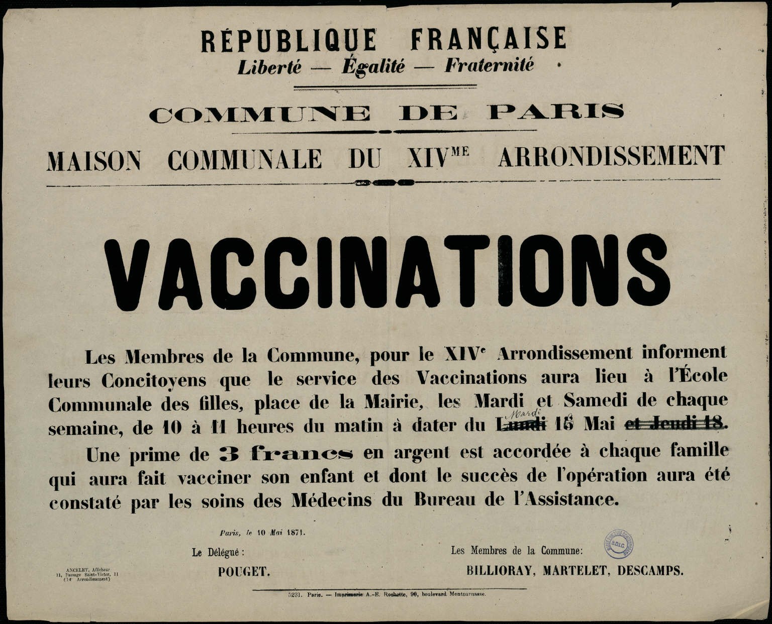 Affiche de la Commune de Paris du 10 mai 1871 _ Vaccination dans le 14ème arrondissement de Paris
