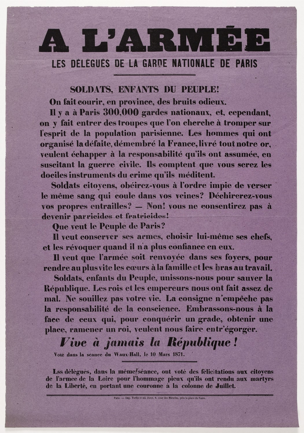 Affiche du 10 mars 1871 - La Garde nationale à l'armée (source : La Contemporaine – Nanterre / argonnaute.parisnanterre.fr)