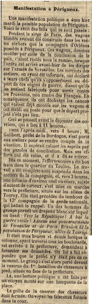 « L’Écho de la Dordogne » , journal peu favorable à la Commune qui relate les événements de Périgueux dans son édition du jeudi 13 avril 1871