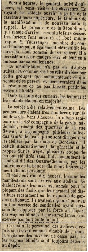 « L’Écho de la Dordogne » , journal peu favorable à la Commune qui relate les événements de Périgueux dans son édition du jeudi 13 avril 1871