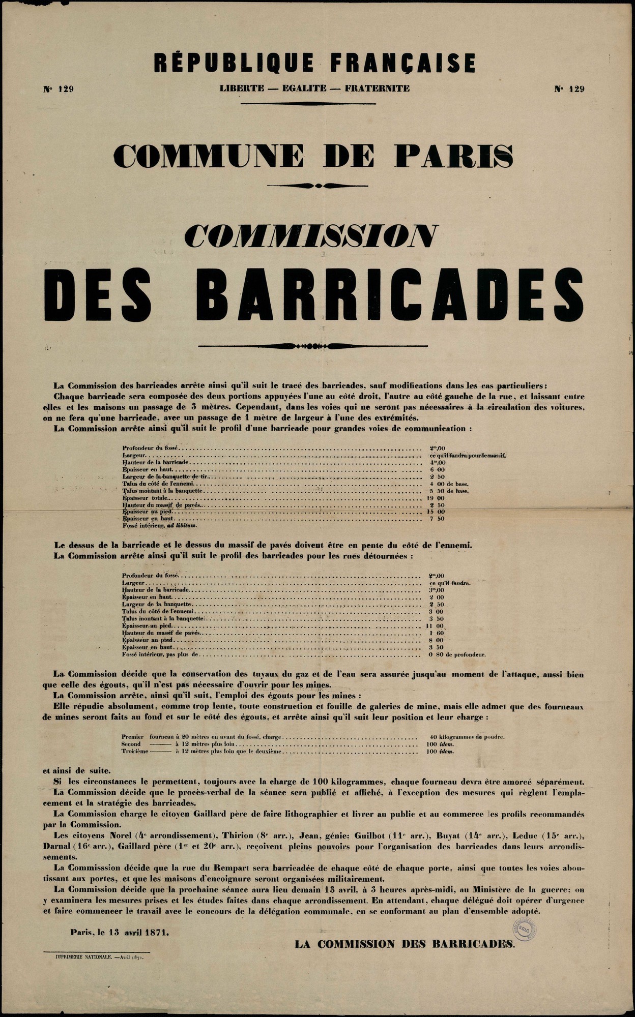 Affiche de la Commune de Paris N° 129 du 13 avril 1871 - Commission des barricades  (source : La Contemporaine – Nanterre / argonnaute.parisnanterre.fr)