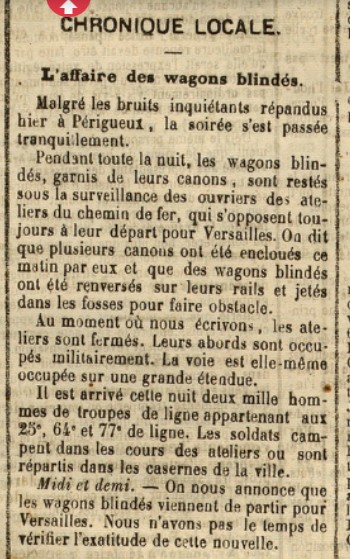 « L’Écho de la Dordogne » , journal peu favorable à la Commune qui relate les événements de Périgueux, du jeudi 14 avril 1871