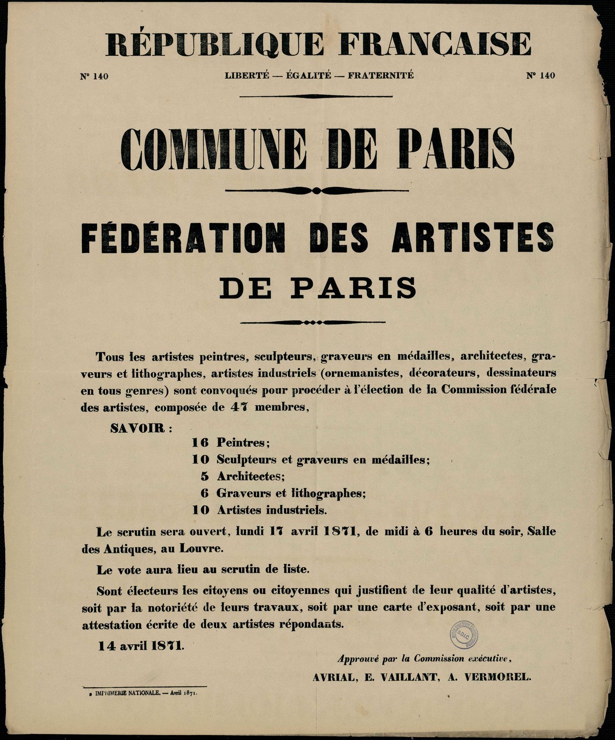 Affiche de la Commune de Paris N° 140 du 14 avril 1871 - Création de la Fédération des artistes par Courbet (source : La Contemporaine – Nanterre / argonnaute.parisnanterre.fr)