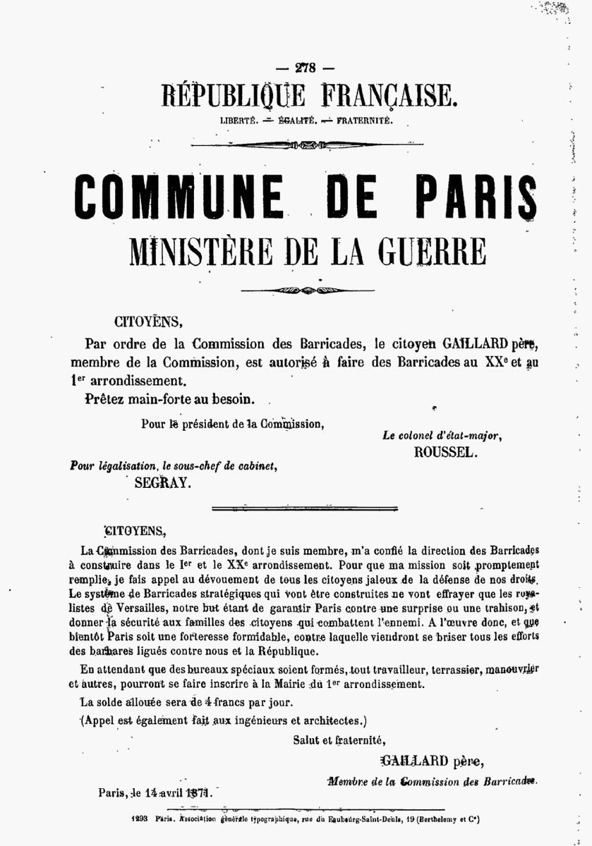 Affiche de la Commune de Paris du 14 avril 1871 - Autorisation à Gaillard père de construire des barricades dans le XXème et le Ier 