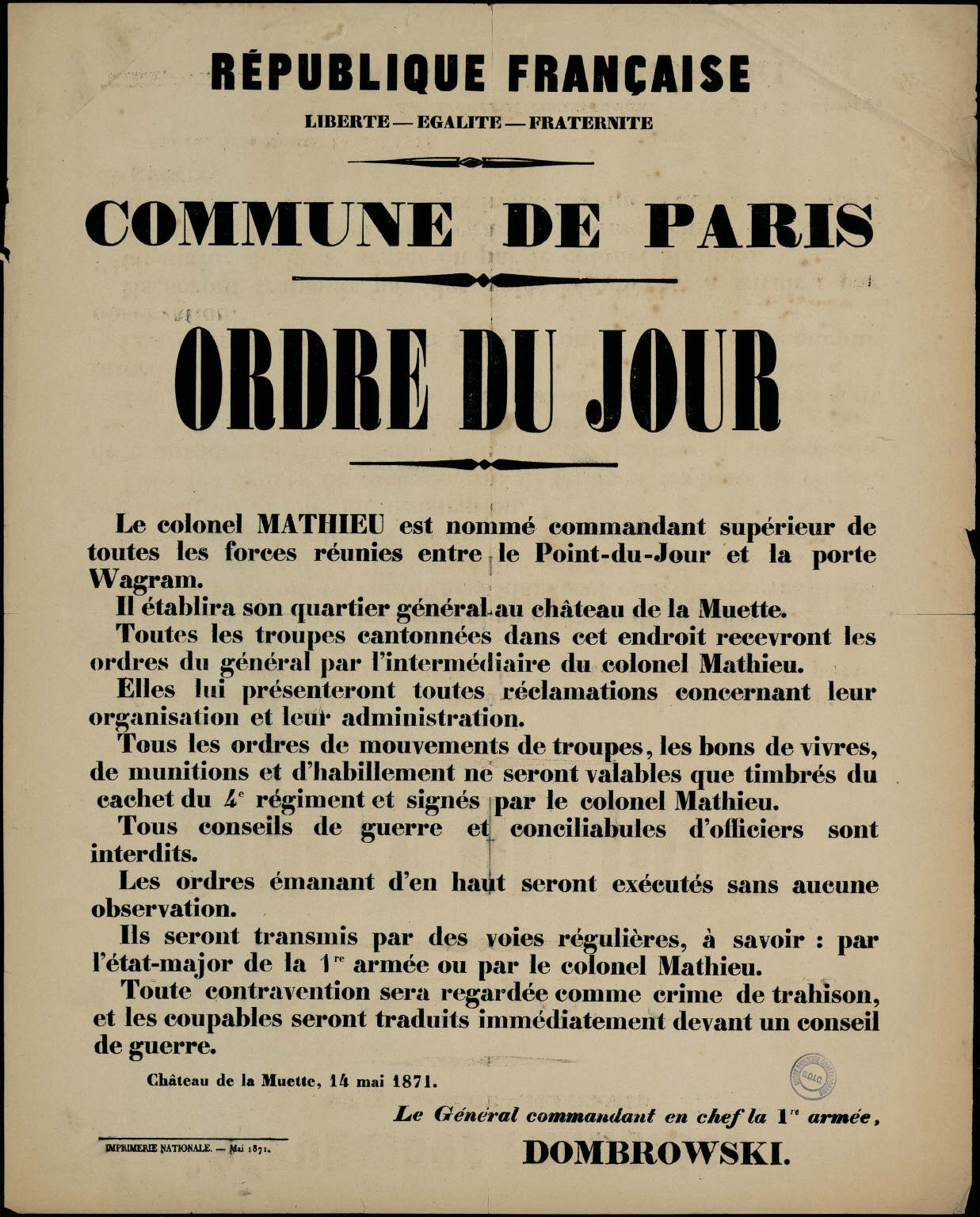 Affiche de la Commune de Paris du 14 mai 1871 signée Dombrowski (source : La Contemporaine – Nanterre / argonnaute.parisnanterre.fr)
