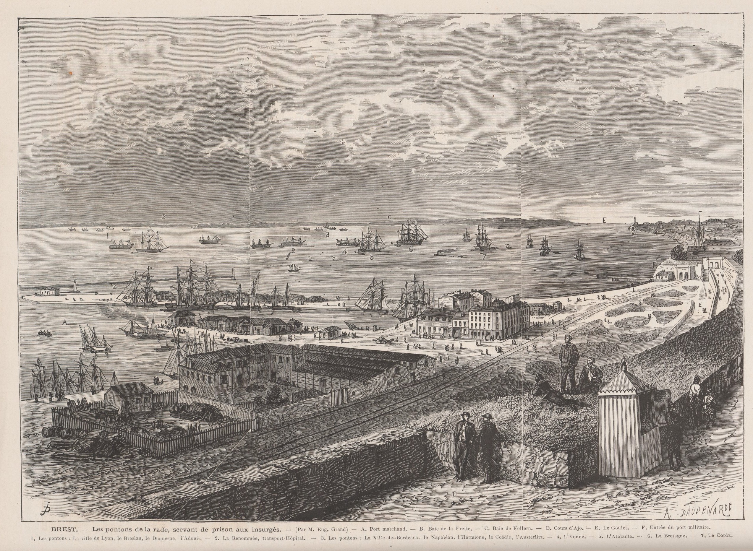 Brest les pontons de la rade servant de prison aux insurgés de la Commune. Dessin de Grand 15 juillet 1871