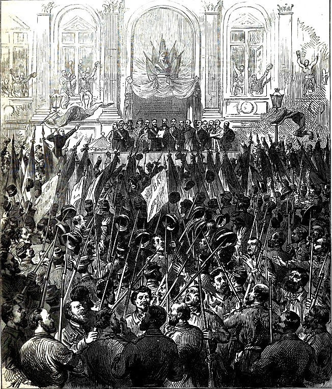 Proclamation de la Commune  à l'Hôtel-de-Ville de Paris, 28 mars 1871 (source : L’Illustrated London news du 15 avril 1871)