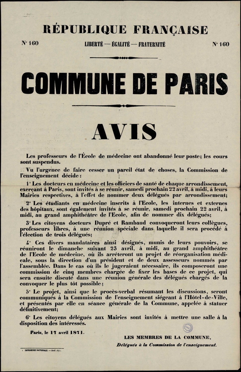 Affiche de la Commune de Paris N°160 du 17 avril 1871 - Avis de la Commune (source : La Contemporaine – Nanterre / argonnaute.parisnanterre.fr)