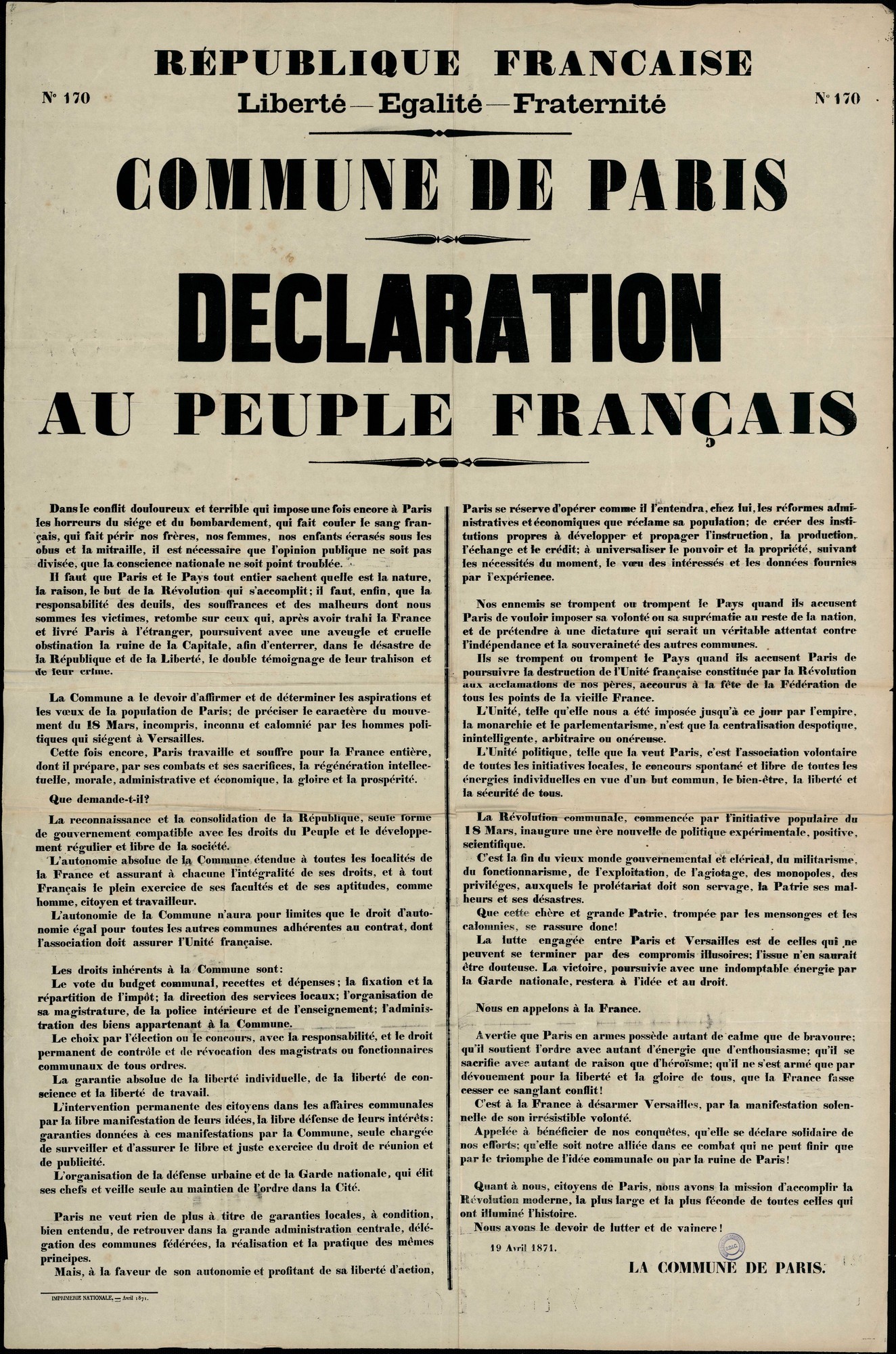 Affiche de la Commune de Paris N° 170 du 19 avril 1871 - Déclaration au Peuple Français (Source : argonnaute.parisnanterre.fr)