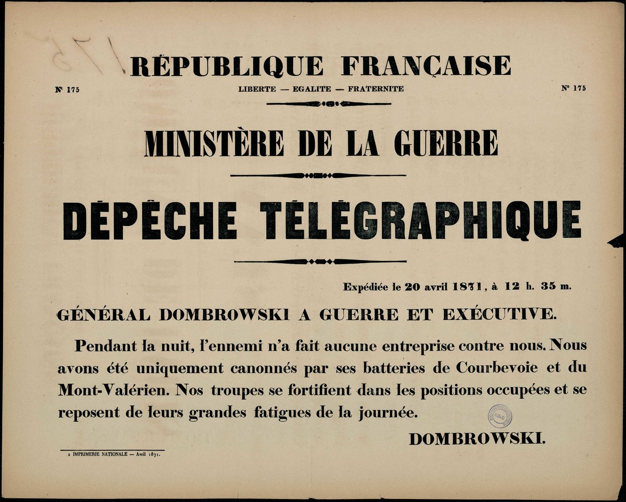 Affiche de la Commune de Paris N° 175 du 20 avril 1871 - Dombrowski (Source : argonnaute.parisnanterre.fr)