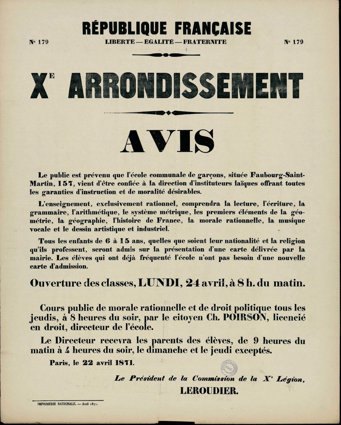 Affiche de La Commune de Paris N° 179 du 22 avril 1871 - Paris 10ème avis au public des écoles (Source : argonnaute.parisnanterre.fr)