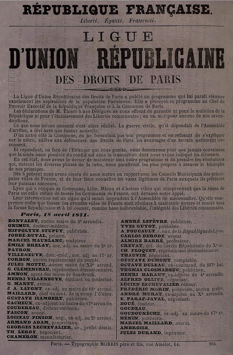 Affiche du 18 avril 1871 - Ligue Union Républicaine des Droits de Paris