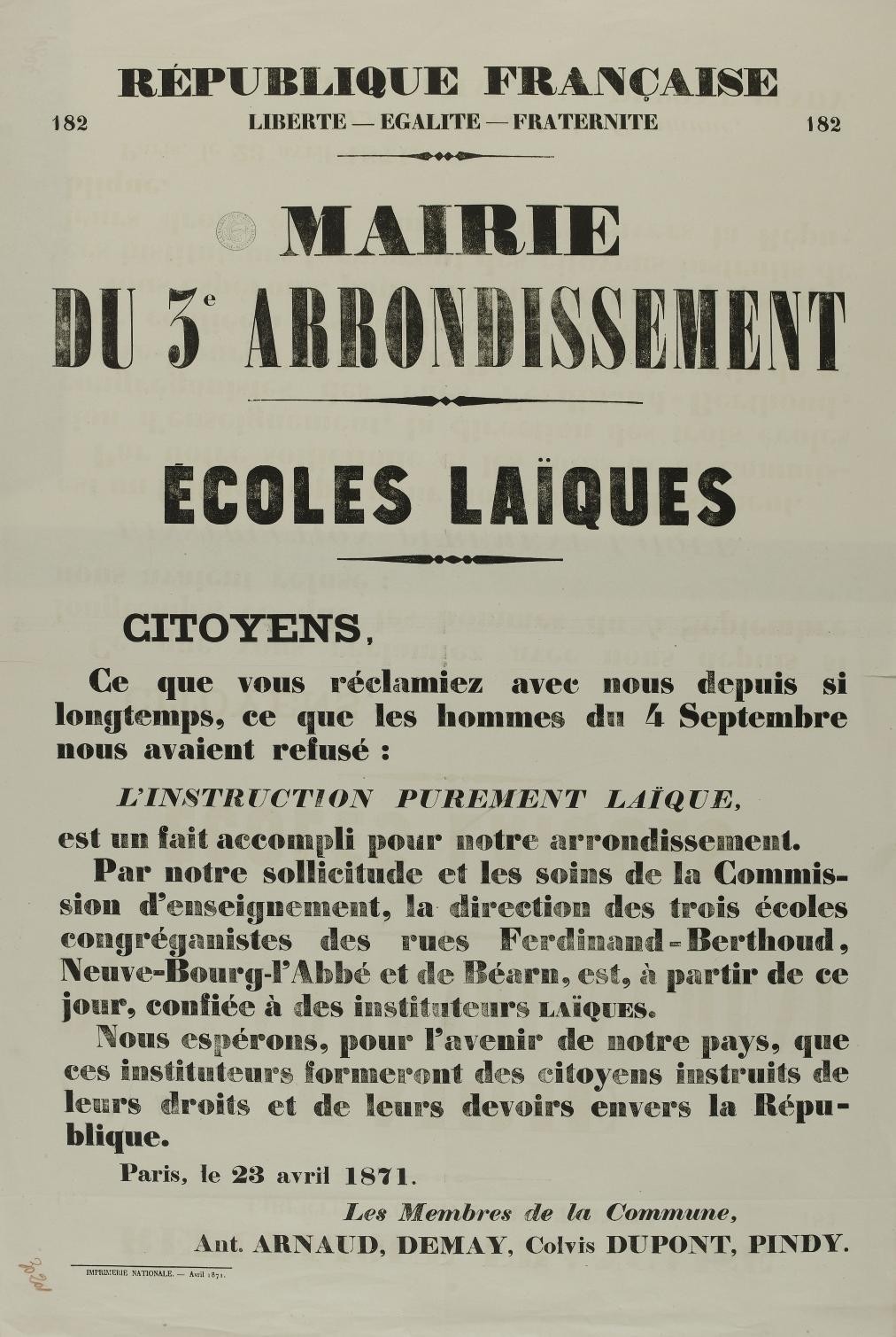 Affiche de la Commune de Paris N° 182 du 23 avril 1871 - Paris 3ème - École laïque (source : La Contemporaine – Nanterre / argonnaute.parisnanterre.fr)