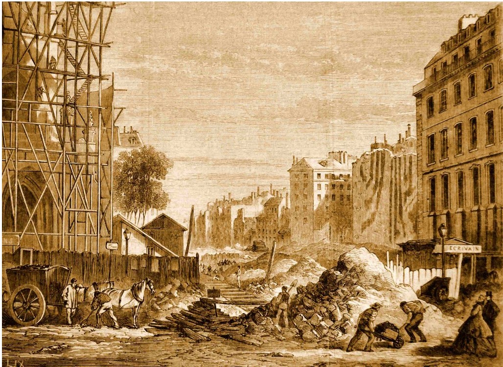 1865 : percement du Bd Magenta, du boulevard de Strasbourg jusqu’à la place du Château d’eau (place de la République). À gauche l’église Saint-Laurent. Source : blog « Autour du père Tanguy »