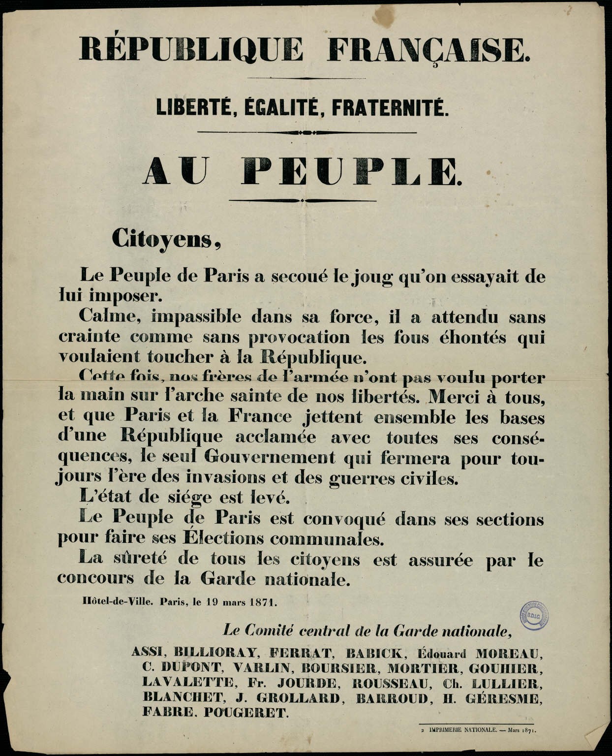 Affiche de la Commune de Paris du 19 mars 1871 - Le Comité central de la Garde nationale au Peuple.