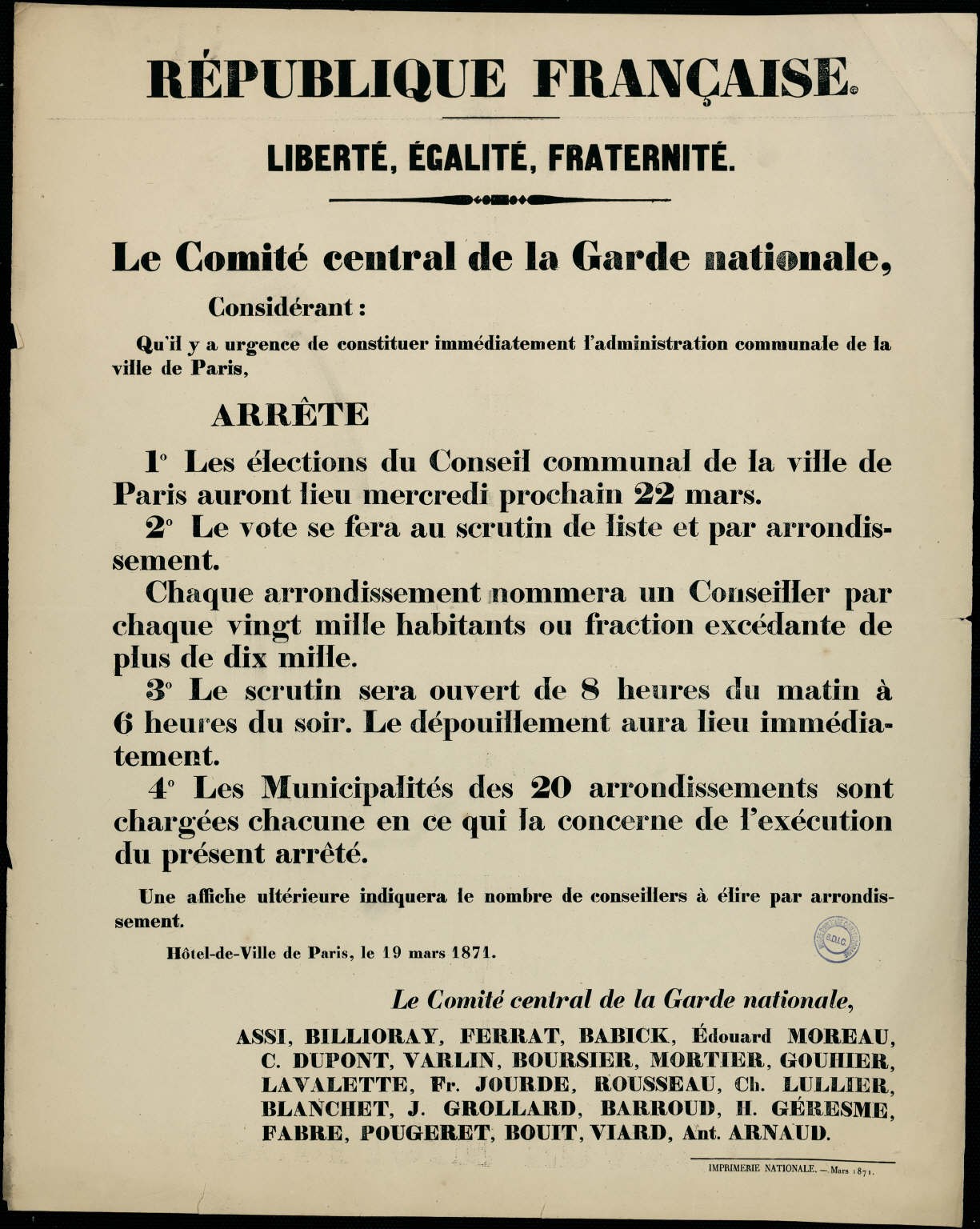 Affiche de la Commune de Paris  du 19 mars 1871 - Comité central de la Garde nationale,  décret sur les élections communales.