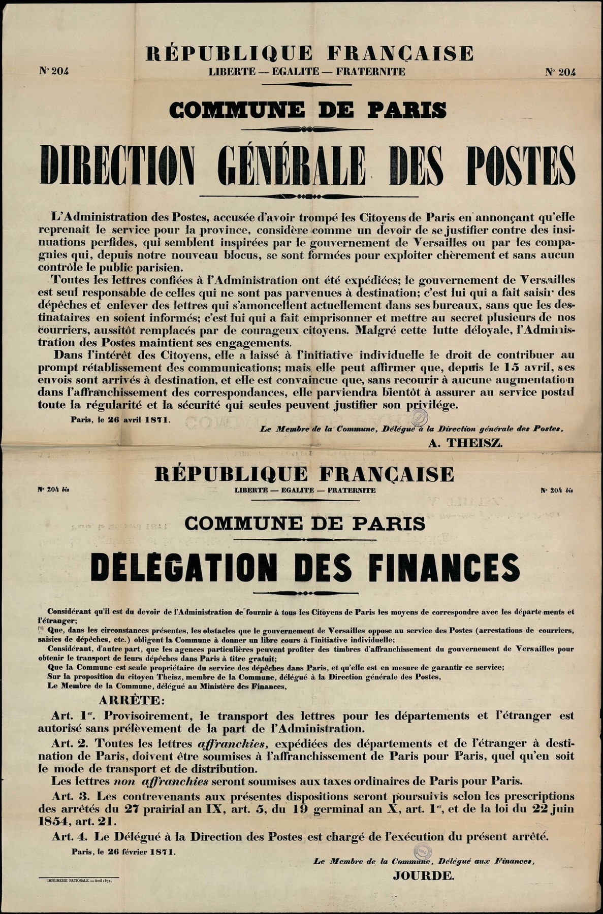 Affiches de la Commune de Paris N° 204 et 204 bis du 26 avril 1871 signée l'une par Theisz et l'autre par Jourde (source : La Contemporaine – Nanterre / argonnaute.parisnanterre.fr)