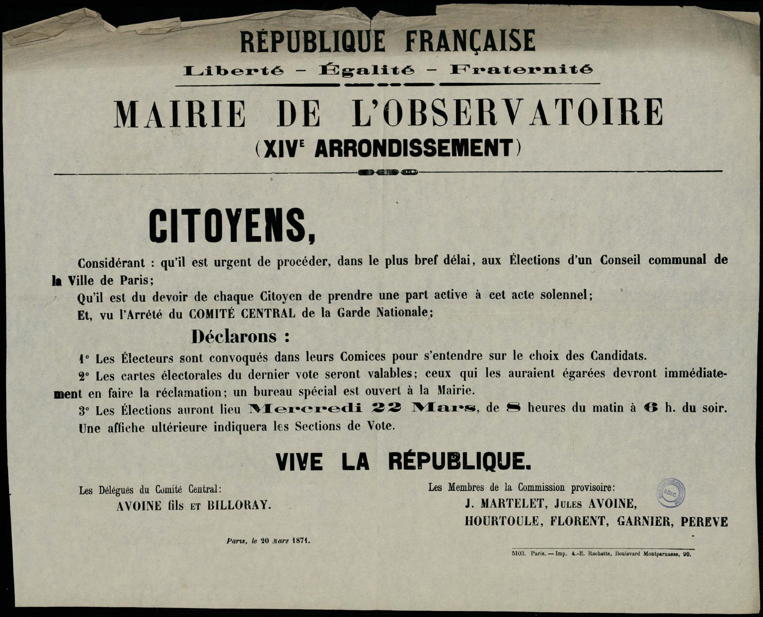Affiche de la Commune du 20 mars 1871 – Mairie du XIVe arrondissement, annonce des élections le 22 mars