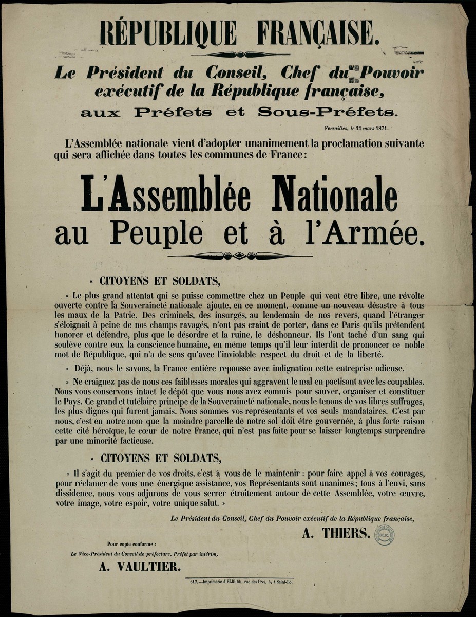 Affiche versaillaise de Thiers du 21 mars 1871 (source : La Contemporaine – Nanterre / argonnaute.parisnanterre.fr)
