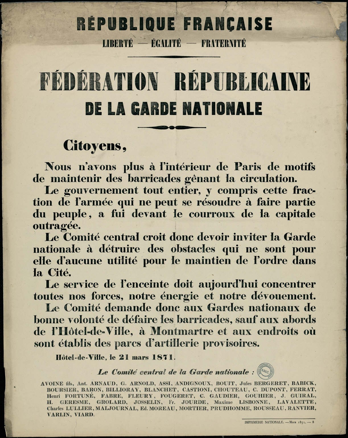 Affiche de la Commune de Paris du 21 mars 1871 - Fédération Républicaine