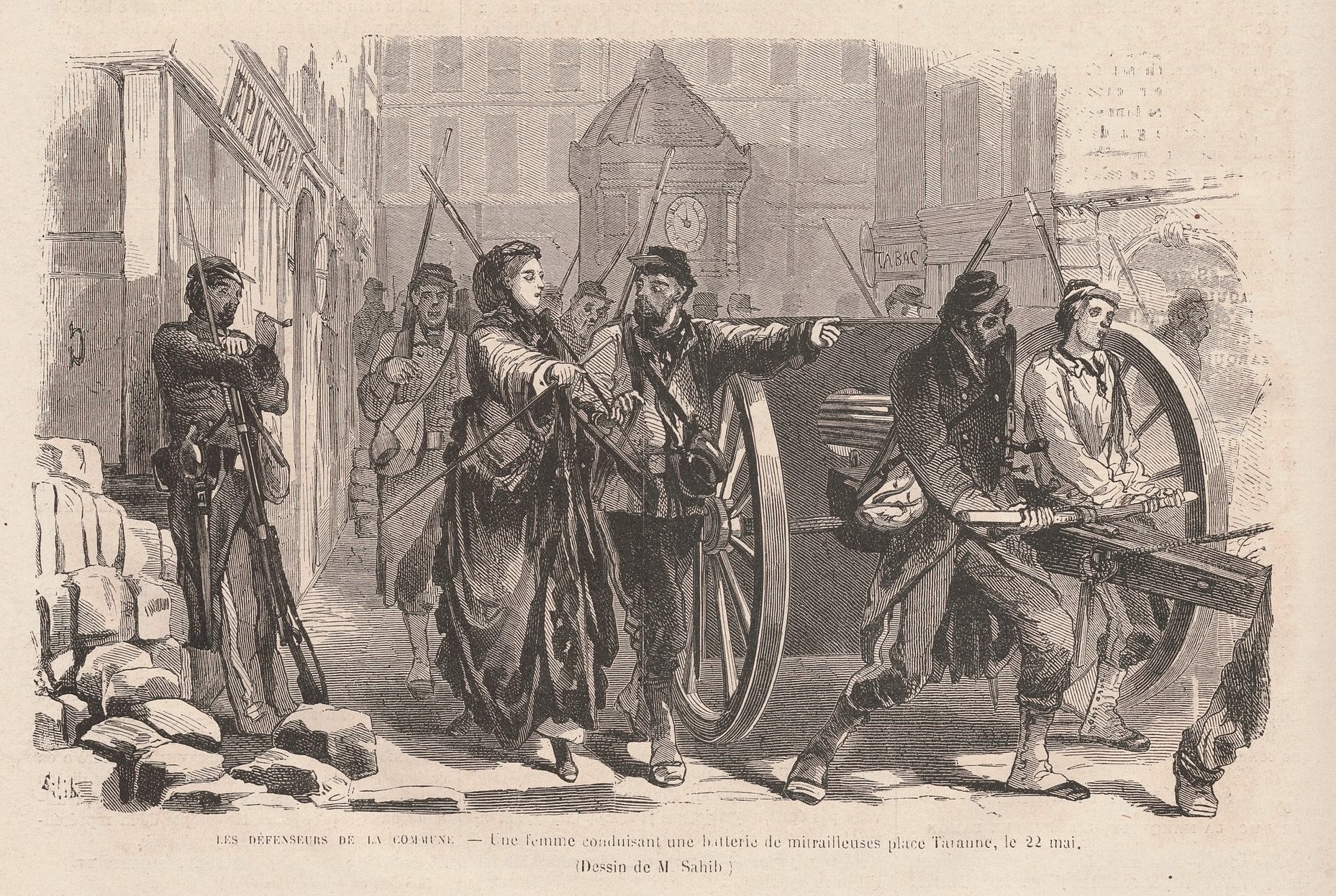 22 mai 1871 - Femme conduisant une mitrailleuse place Turenne - Dessin de Sahib Le Monde Illustré