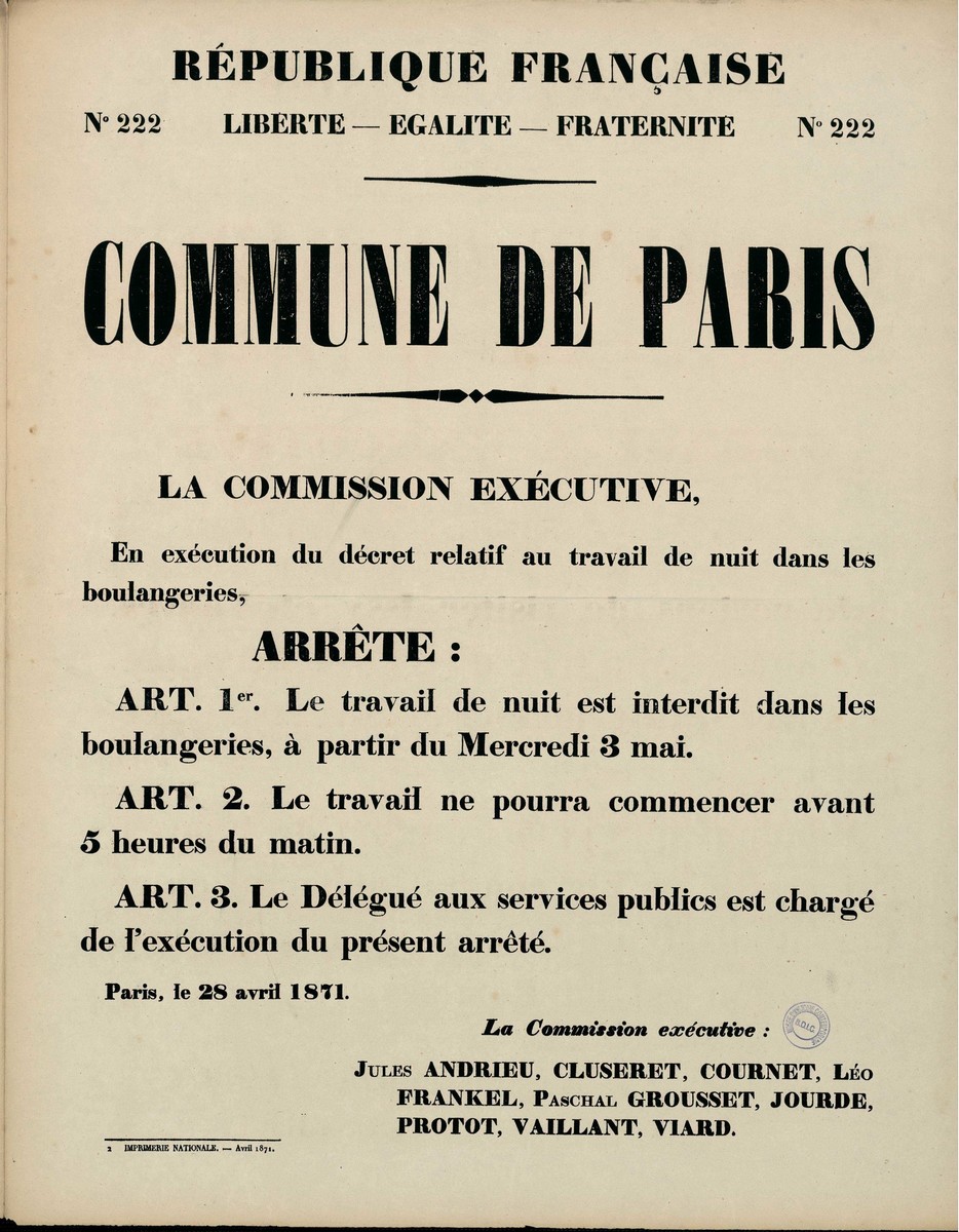 Affiche de la Commune n° 222 du 28 avril 1871 décret concernant l'interdiction du travail de nuit