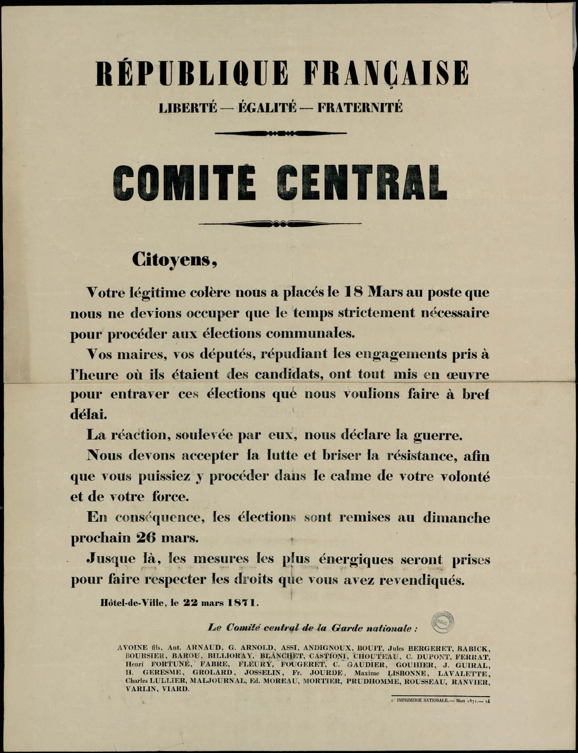 Affiche de la Commune du 22 mars 1871 – Le Comité central de la Garde nationale annonce « les élections sont remises au dimanche 26 mars »