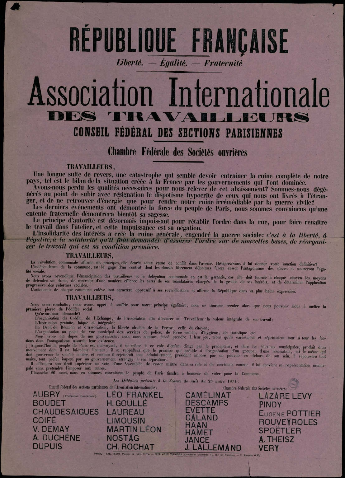 Affiche de l'Association Internationale des Travailleurs (A.I.T.) du 23 mars 1871 (source : La Contemporaine – Nanterre / argonnaute.parisnanterre.fr)