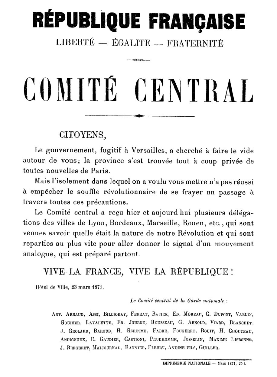 Affiche du Comité central de la Garde nationale annonçant la venue de délégations de plusieurs villes de France à l’Hôtel de Ville de Paris (23 mars 1871)
