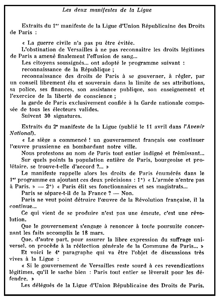 Les deux manifestes de la Ligue d’Union Républicaine (Extraits, dans Le Mouvement Social n°56, p.87)