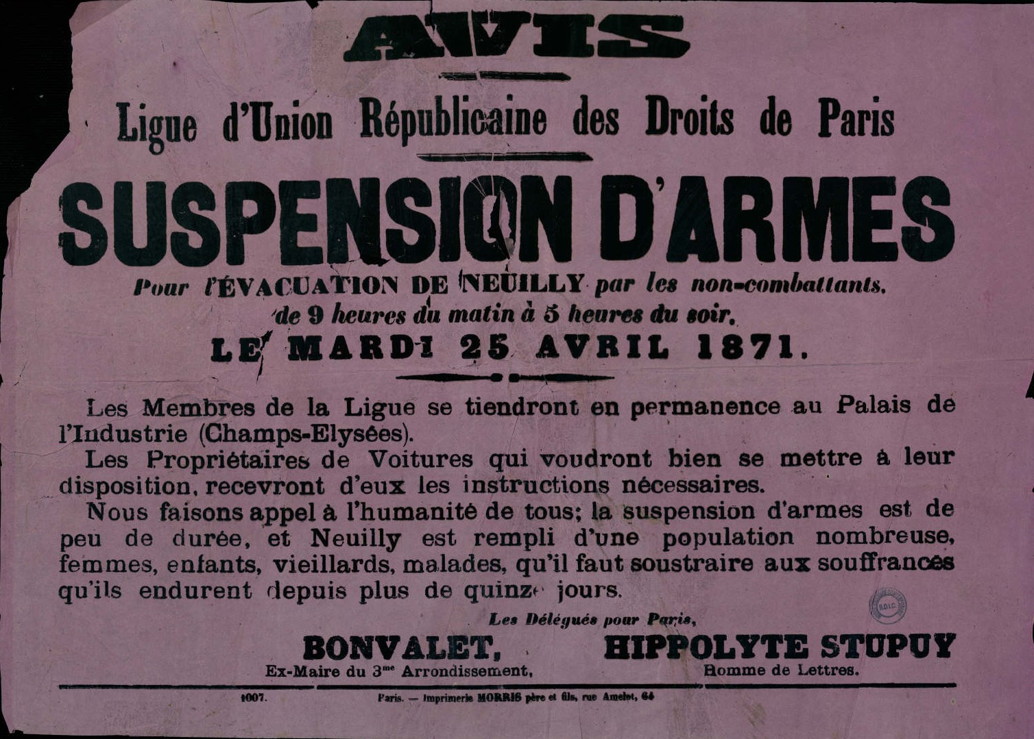 Affiche de la Commune de Paris du 25 avril 1871 - Suspension d'armes pour l'évacuation des non combattants.