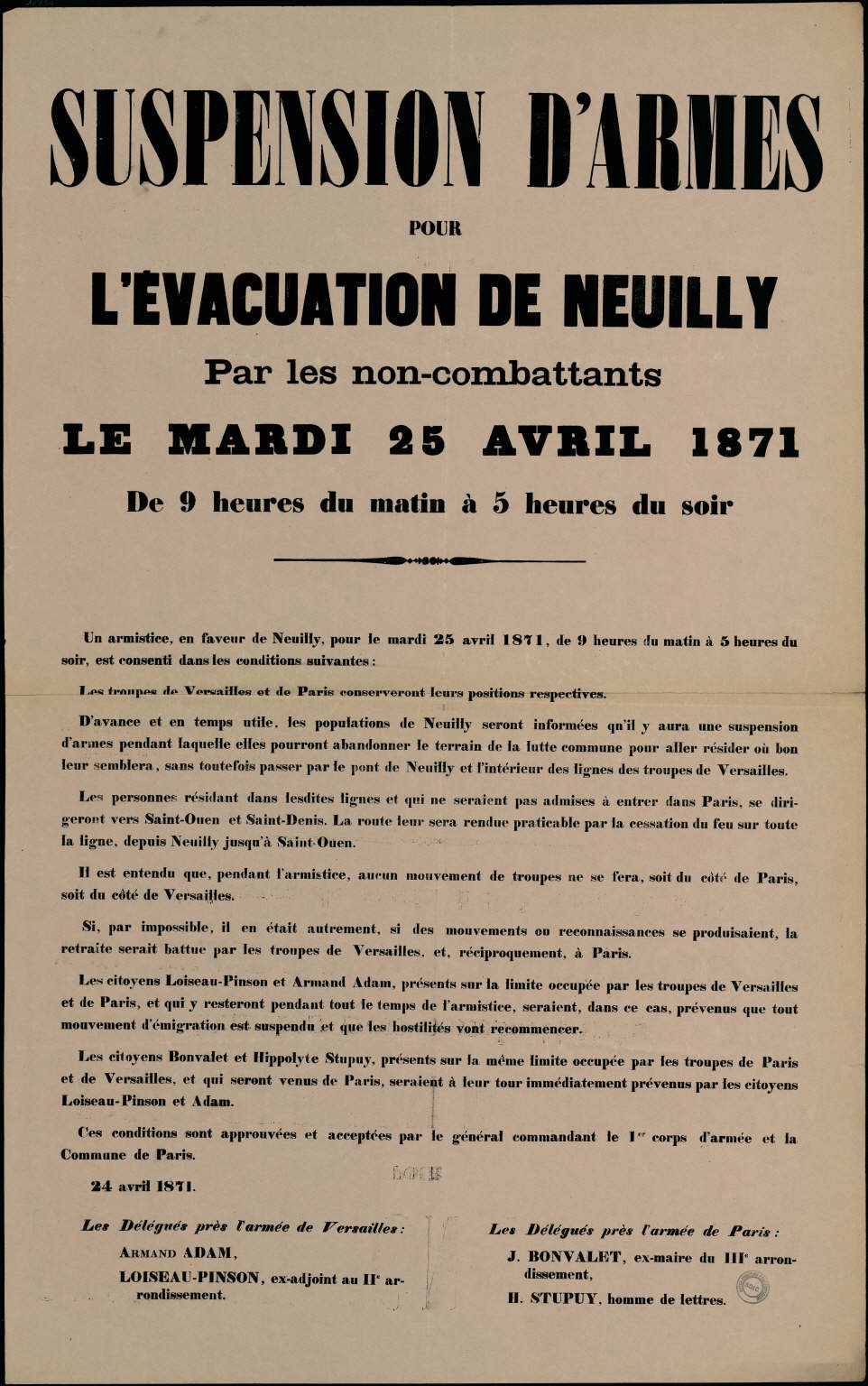 Affiche de la Commune de Paris du 25 avril 1871 - Suspension d'armes pour l'évacuation de Neuilly des non combattants. (Source : argonnaute.parisnanterre.fr)