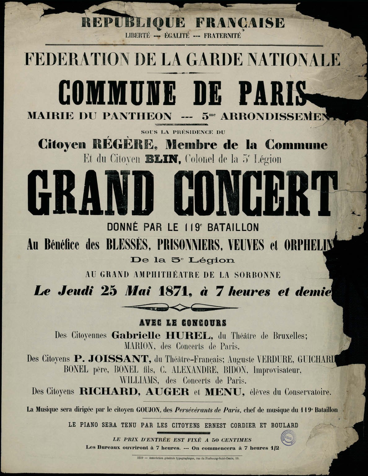 Affiche de la Commune de Paris - Annonce d'un concert le 25 mai 1871 au grand amphithéâtre de la Sorbonne (Source : argonnaute.parisnanterre.fr)