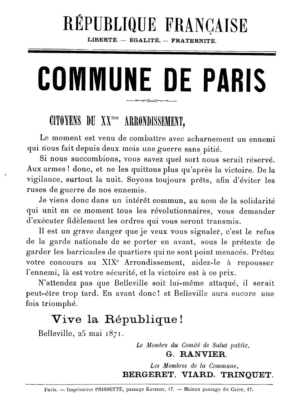Affiche de la Commune de Paris du 25 mai 1871 signée Ranvier