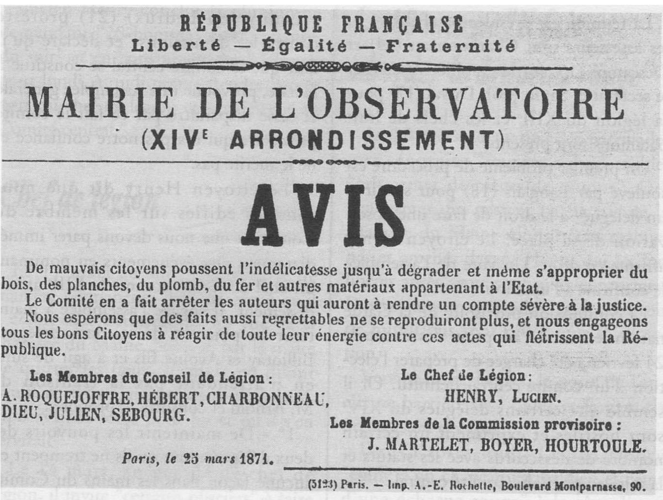 Affiche de la Commune de Paris du 25 mars 1871 signée Le chef de légion Lucien Henry (Source : Gavroche n° 114 novembre-decembre 2000)