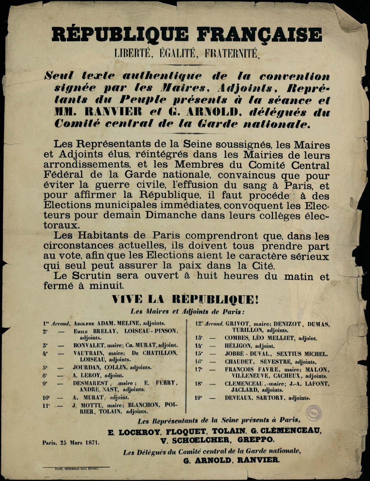 Affiche de la Commune de Paris du 25 mars 1871 - Convention entre les maires et le Comité central de la Garde nationale (Ranvier et Arnold)