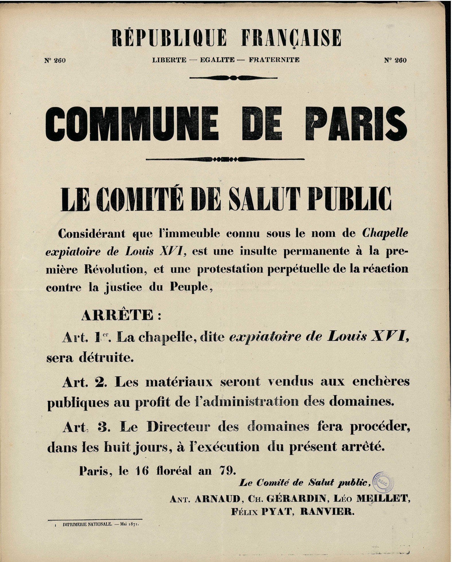 Affiche de la Commune de Paris N°260 du 16 floréal an 79, 6 mai 1871 - Destruction de la Chapelle expiatoire
