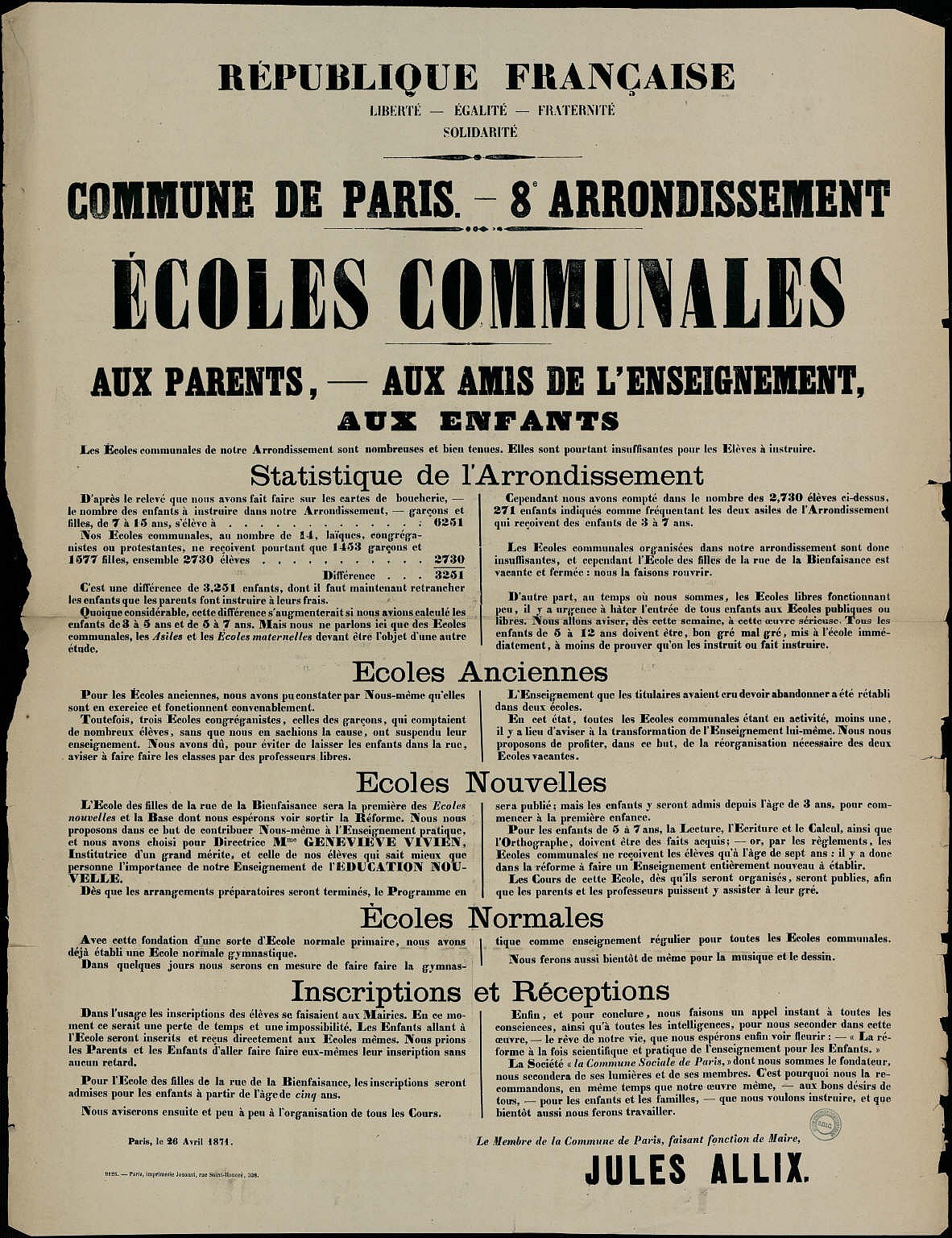 Affiche de la Commune de Paris du 26 avril 1871 - Paris VIIIème écoles communales (Source : argonnaute.parisnanterre.fr)