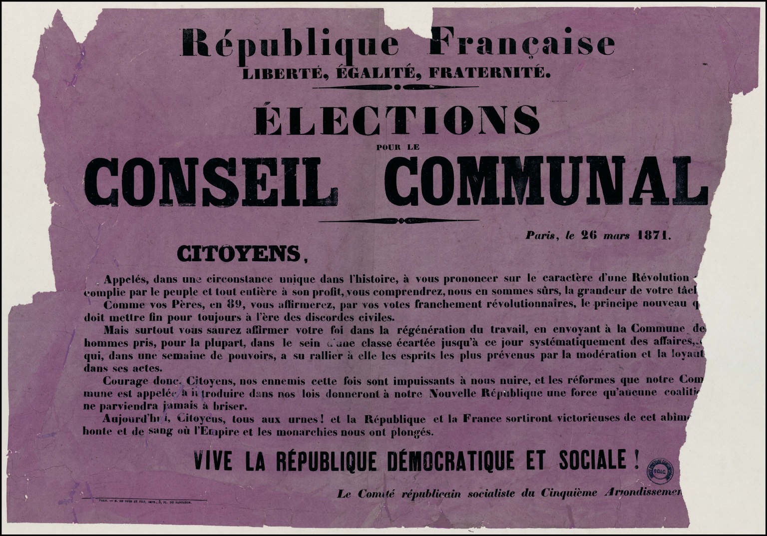 Affiche de la Commune du 26 mars 1871 - Election pour le Conseil communal à Paris 5ème