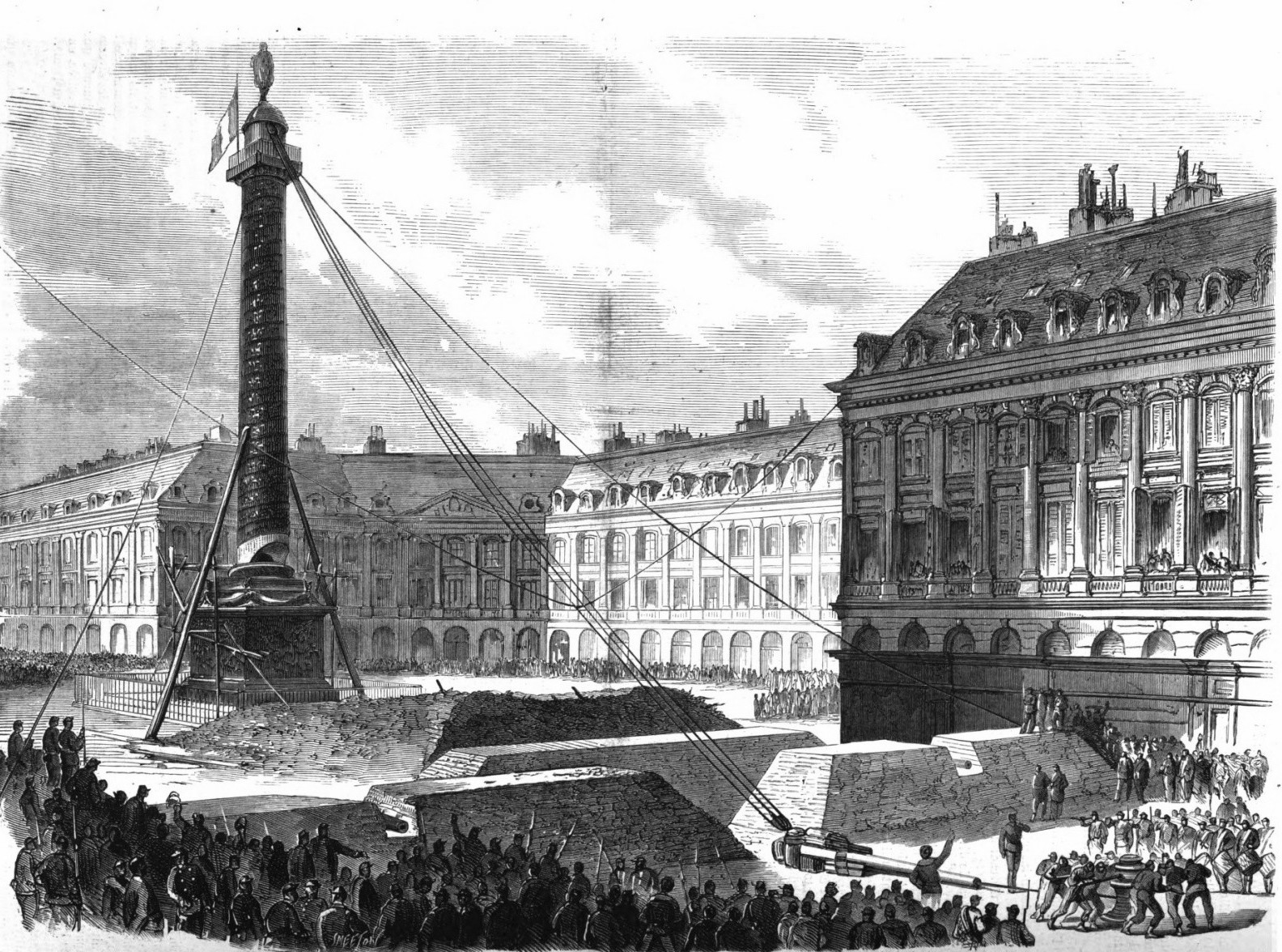 Démolition de la colonne Vendôme le 16 mai 1871 - Le premier tour de cabestan (source L'Illustration Journal Universel N° 1474 du 27 mai 1871)