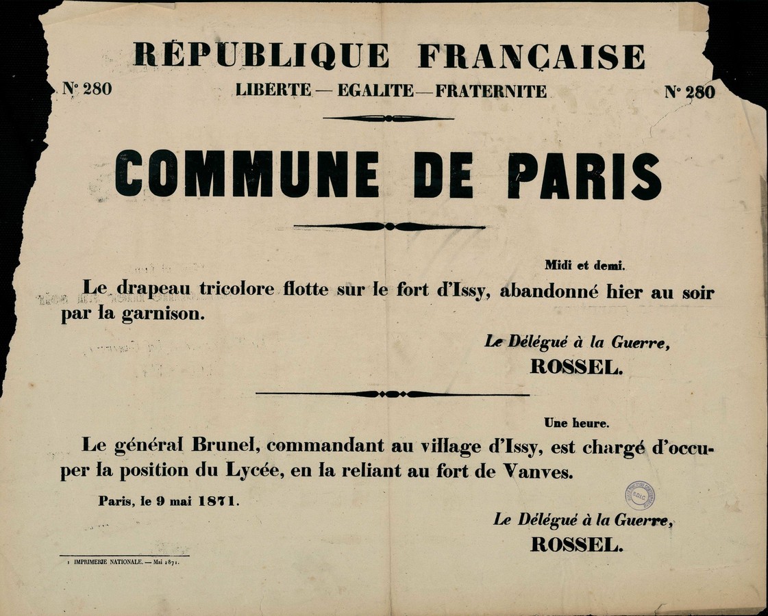 Affiche de la Commune N° 280 du 9 mai 1871 - Rossel et la chute du Fort d'Issy (Source : argonnaute.parisnanterre.fr)