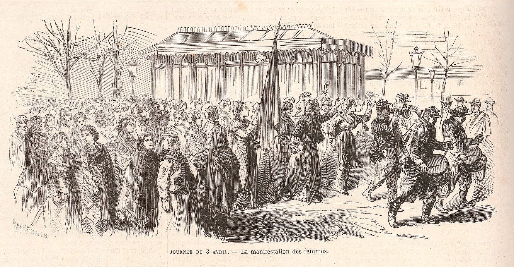 gravure représentant un cortège lors de la manifestation des femmes journée du 3 avril 1871 (Le Monde Illustré du 8 avril 1871 - source Gallica-BNF)  