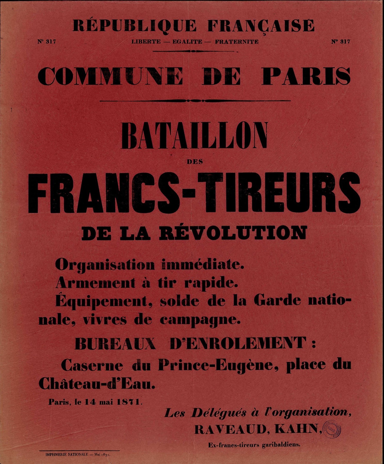 Affiche de la Commune de Paris n° 317 du 14 mai 1871 (Source BDIC)