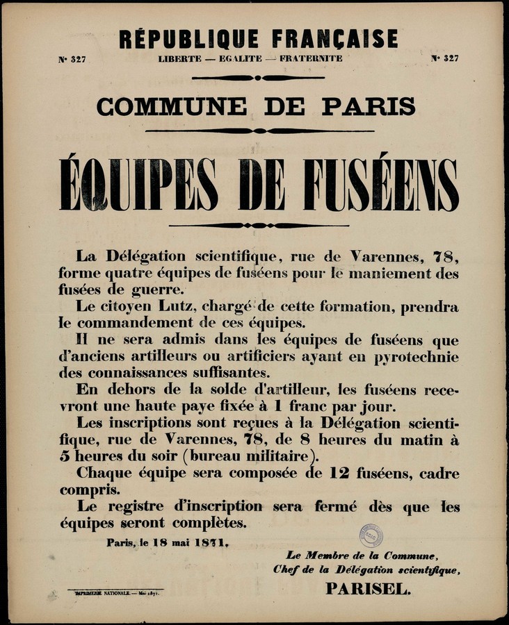 Affiche de la Commune de Paris N°327 du 18 mai 1871 - Équipe de fuzéens, Parisel (source : La Contemporaine – Nanterre / argonnaute.parisnanterre.fr)