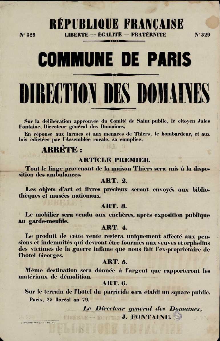 Affiche de la Commune de Paris N° 329 du 23 mai 1871 - La Direction des Domaines met à disposition les objets de la maison de Thiers (Source : argonnaute.parisnanterre.fr)